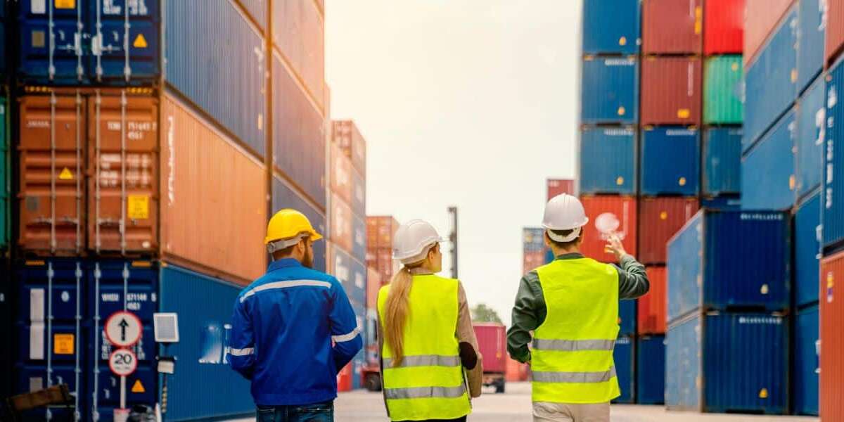 Stock image 3 people with shipping containers